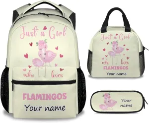 Personalized Flamingo Backpack with Lunch Box Set for Girls - 3 in 1 Primary Middle School Backpacks Matching Combo - Large Capacity, Durable, Lightweight, Yellow Bookbag and Pencil Case Bundle