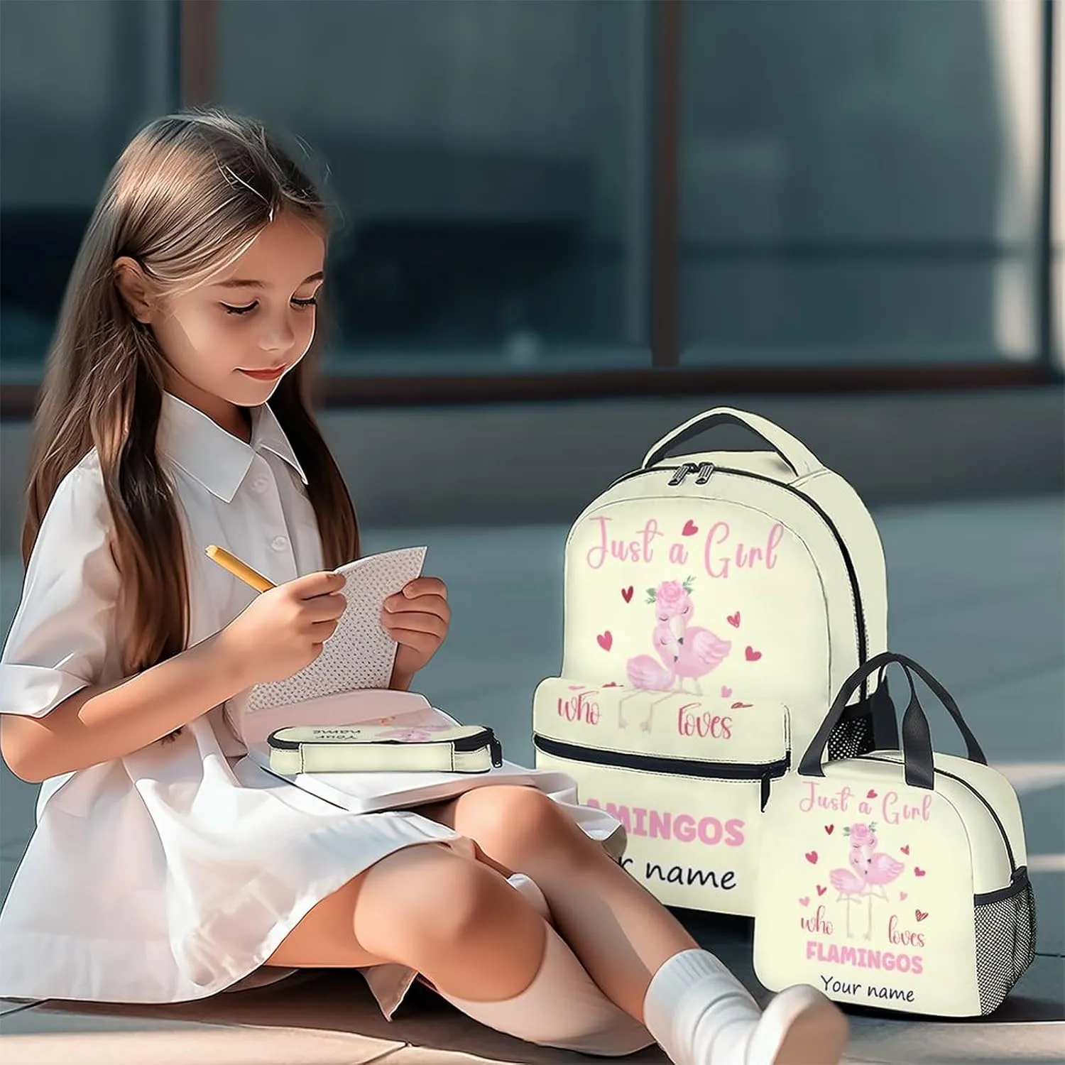 Personalized Flamingo Backpack with Lunch Box Set for Girls - 3 in 1 Primary Middle School Backpacks Matching Combo - Large Capacity, Durable, Lightweight, Yellow Bookbag and Pencil Case Bundle
