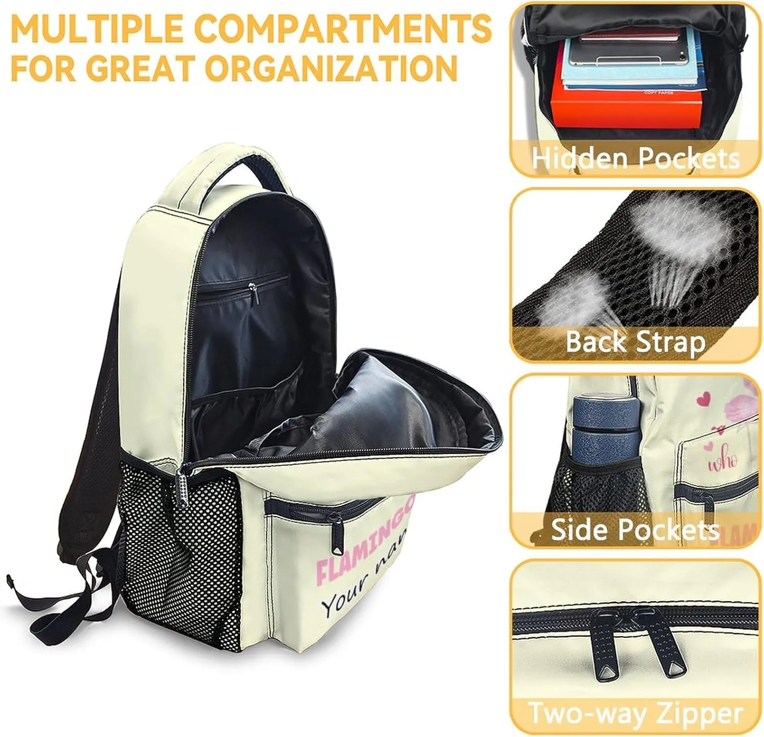 Personalized Flamingo Backpack with Lunch Box Set for Girls - 3 in 1 Primary Middle School Backpacks Matching Combo - Large Capacity, Durable, Lightweight, Yellow Bookbag and Pencil Case Bundle
