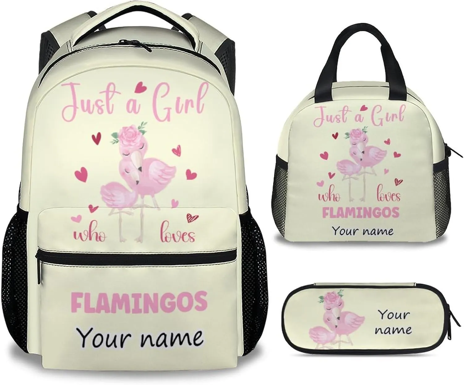 Personalized Flamingo Backpack with Lunch Box Set for Girls - 3 in 1 Primary Middle School Backpacks Matching Combo - Large Capacity, Durable, Lightweight, Yellow Bookbag and Pencil Case Bundle
