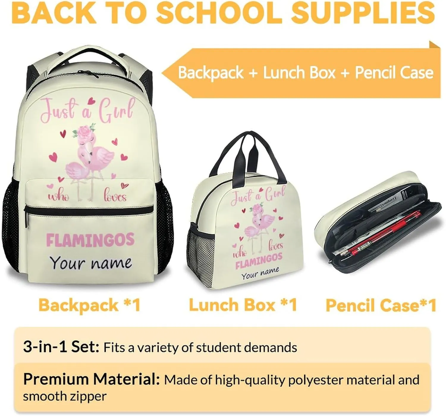Personalized Flamingo Backpack with Lunch Box Set for Girls - 3 in 1 Primary Middle School Backpacks Matching Combo - Large Capacity, Durable, Lightweight, Yellow Bookbag and Pencil Case Bundle