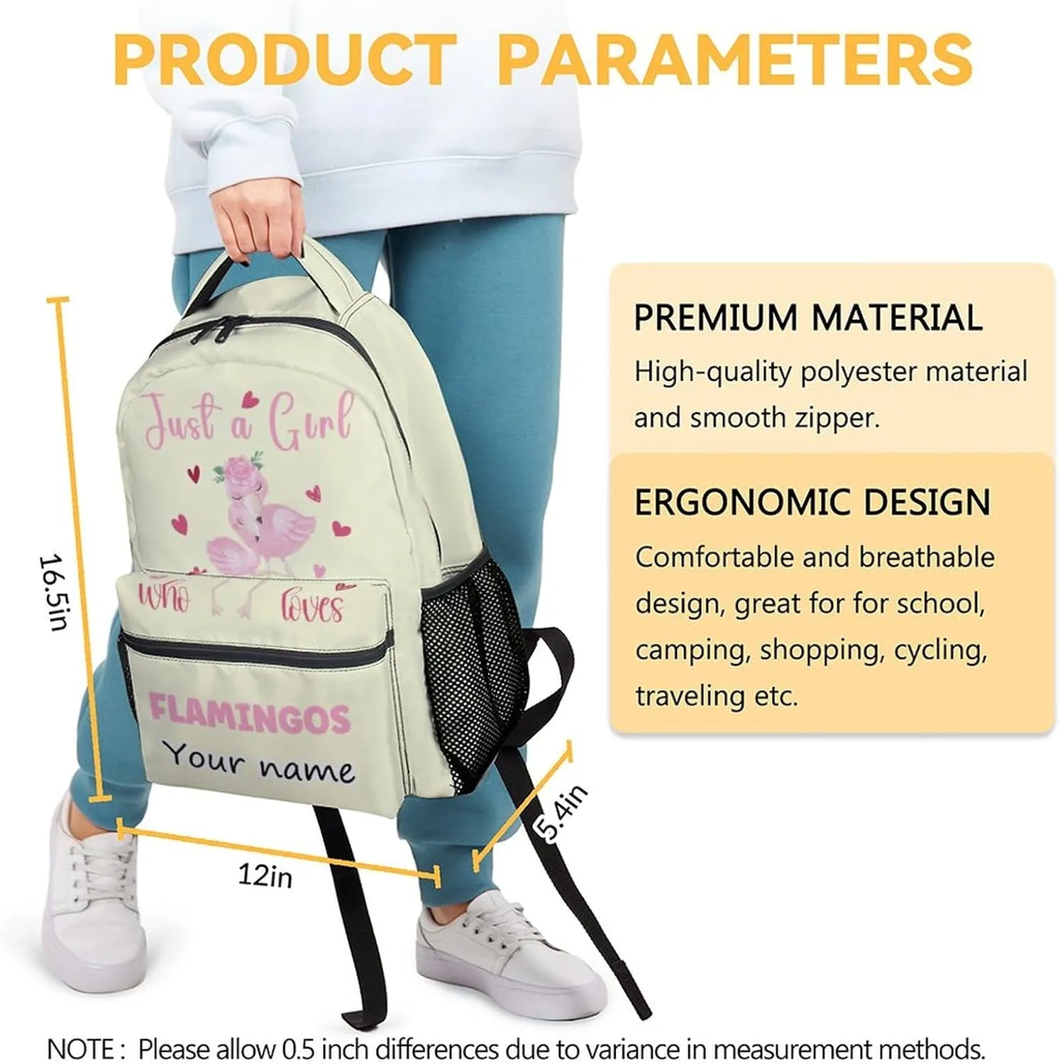 Personalized Flamingo Backpacks for Girls - 16 Inch Cute Backpack for School - Yellow, Large Capacity, Durable, Lightweight Bookbag for Kids Travel