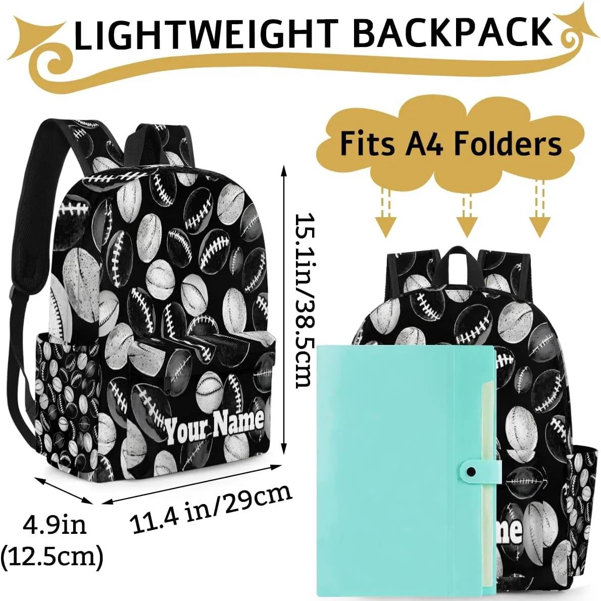 Personalized Football Preschool Toddler Backpack for Boys Girls Custom Kids Name Small Bookbags Kindergarten Elementary Backpack, Sport Ball Theme