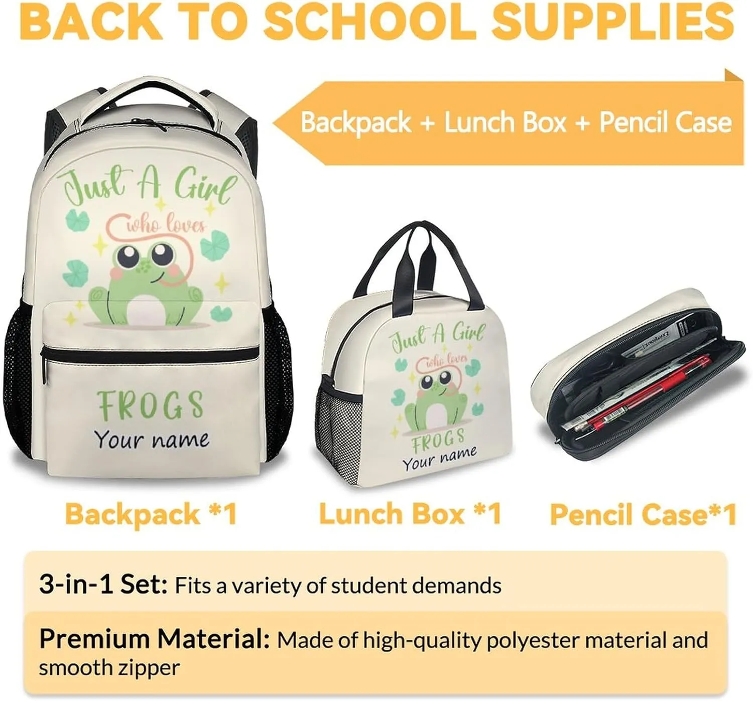 Personalized Frog Backpack with Lunch Box Set for Girls Boys, 3 in 1 Primary Middle School Backpacks Matching Combo, Large Capacity, Durable, Lightweight, Green Bookbag and Pencil Case Bundle