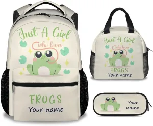 Personalized Frog Backpack with Lunch Box Set for Girls Boys, 3 in 1 Primary Middle School Backpacks Matching Combo, Large Capacity, Durable, Lightweight, Green Bookbag and Pencil Case Bundle