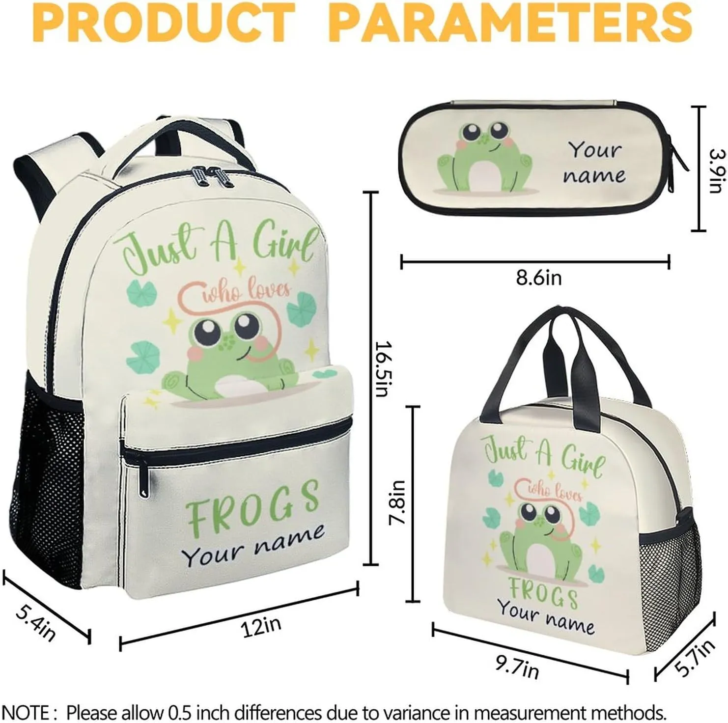 Personalized Frog Backpack with Lunch Box Set for Girls Boys, 3 in 1 Primary Middle School Backpacks Matching Combo, Large Capacity, Durable, Lightweight, Green Bookbag and Pencil Case Bundle