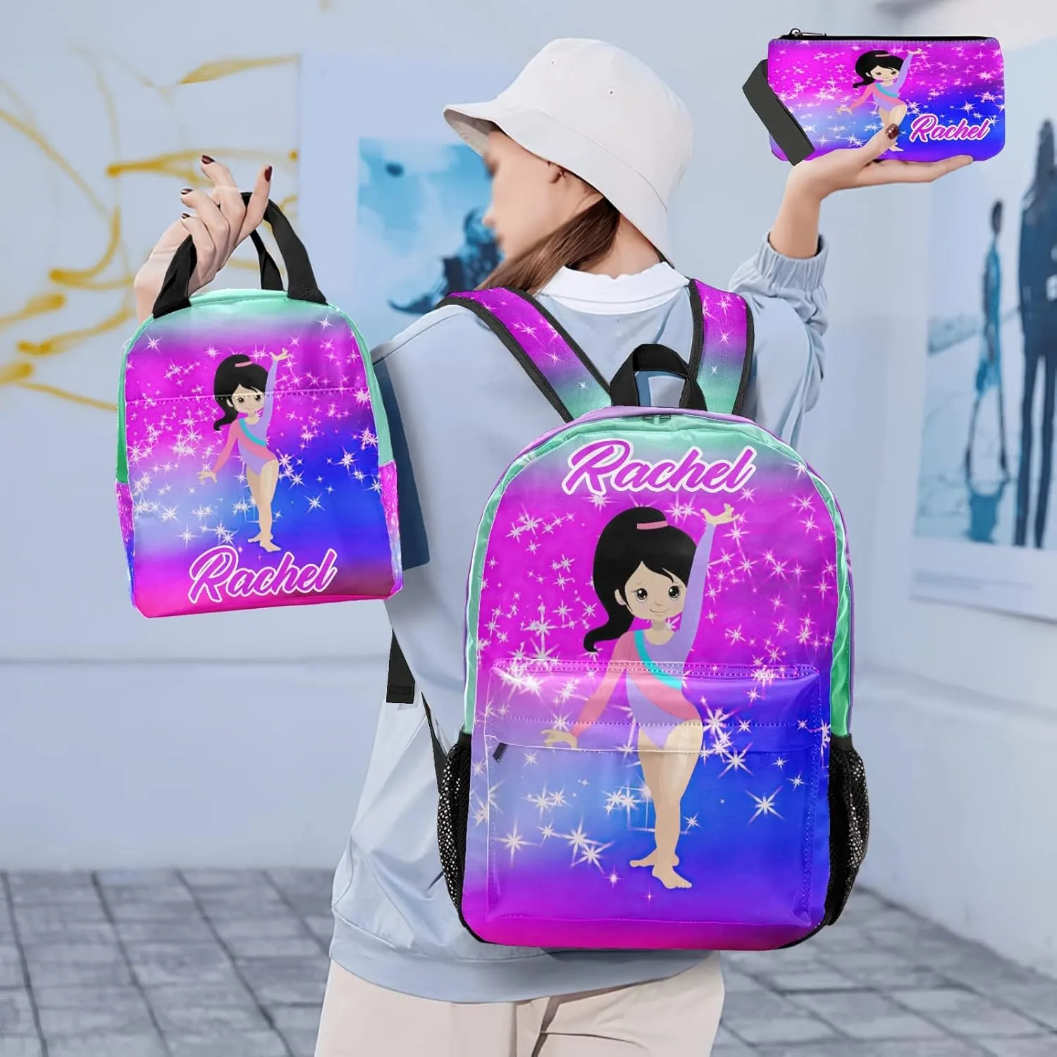 Personalized Gymnastic Starry Girl Student Backpacks Set with Name Large Unique 1Lunch Handbag  1Pencil Case  1Schoolbag