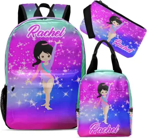 Personalized Gymnastic Starry Girl Student Backpacks Set with Name Large Unique 1Lunch Handbag  1Pencil Case  1Schoolbag