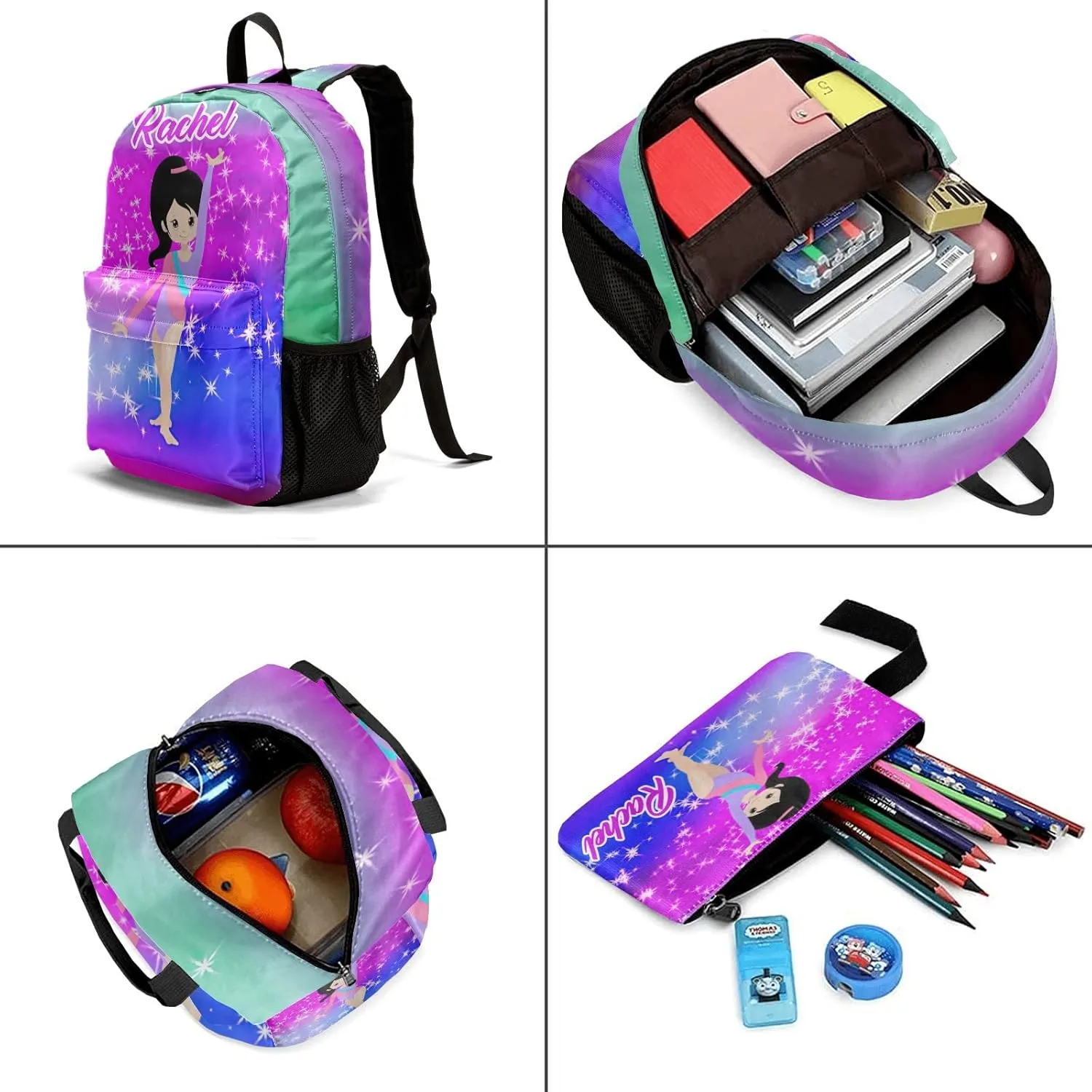 Personalized Gymnastic Starry Girl Student Backpacks Set with Name Large Unique 1Lunch Handbag  1Pencil Case  1Schoolbag