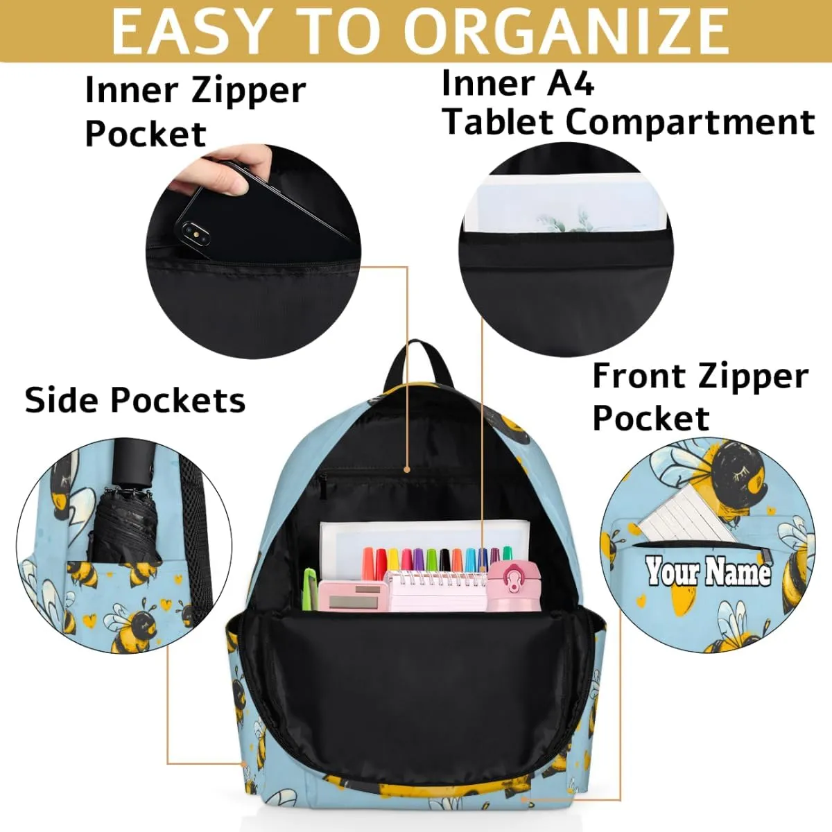 Personalized Honey Bee Preschool Toddler Backpack for Boys Girls Custom Kids Name Small Bookbags Kindergarten Elementary Backpack, Funny Honey Bee