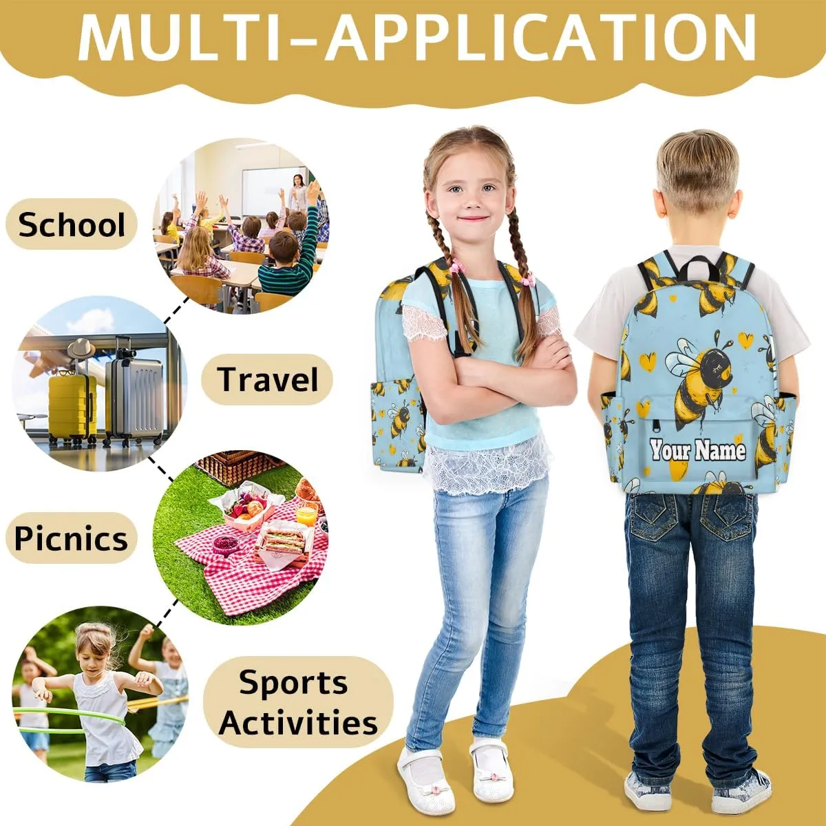 Personalized Honey Bee Preschool Toddler Backpack for Boys Girls Custom Kids Name Small Bookbags Kindergarten Elementary Backpack, Funny Honey Bee