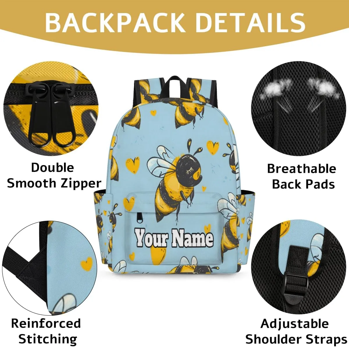 Personalized Honey Bee Preschool Toddler Backpack for Boys Girls Custom Kids Name Small Bookbags Kindergarten Elementary Backpack, Funny Honey Bee