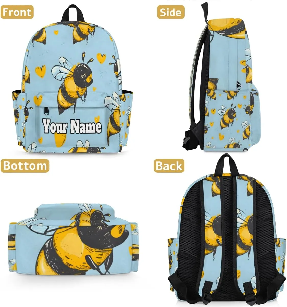 Personalized Honey Bee Preschool Toddler Backpack for Boys Girls Custom Kids Name Small Bookbags Kindergarten Elementary Backpack, Funny Honey Bee