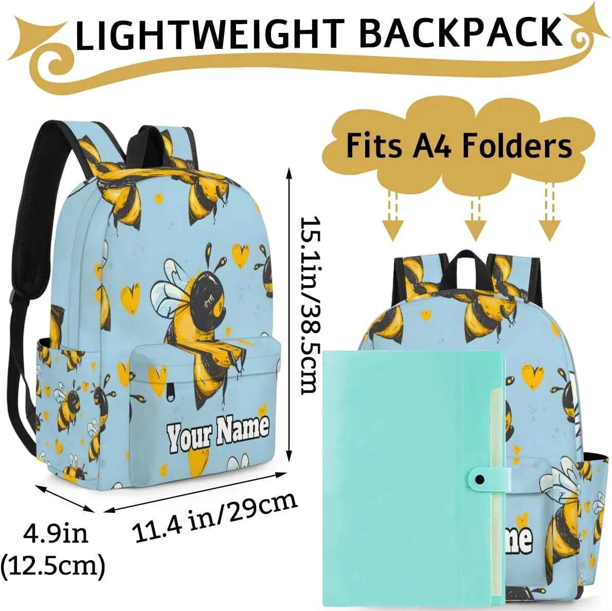 Personalized Honey Bee Preschool Toddler Backpack for Boys Girls Custom Kids Name Small Bookbags Kindergarten Elementary Backpack, Funny Honey Bee