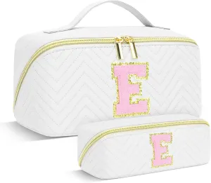 Personalized Initial Makeup Bag | Trendy Cosmetic Bags Travel Toiletry Bag for Teen Girls Women Girlfriend, mother's day/graduation/Birthday day Gifts Portable Make up Bag Leather Waterproof Organizer