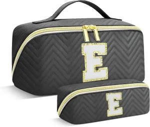 Personalized Initial Makeup Bag | Trendy Large Capacity Cosmetic Bags Travel Toiletry Bag Teen Girls Women Girlfriend Teacher Gifts, Birthday Gifts Leather Waterproof Portable Make up Bag Organizer E