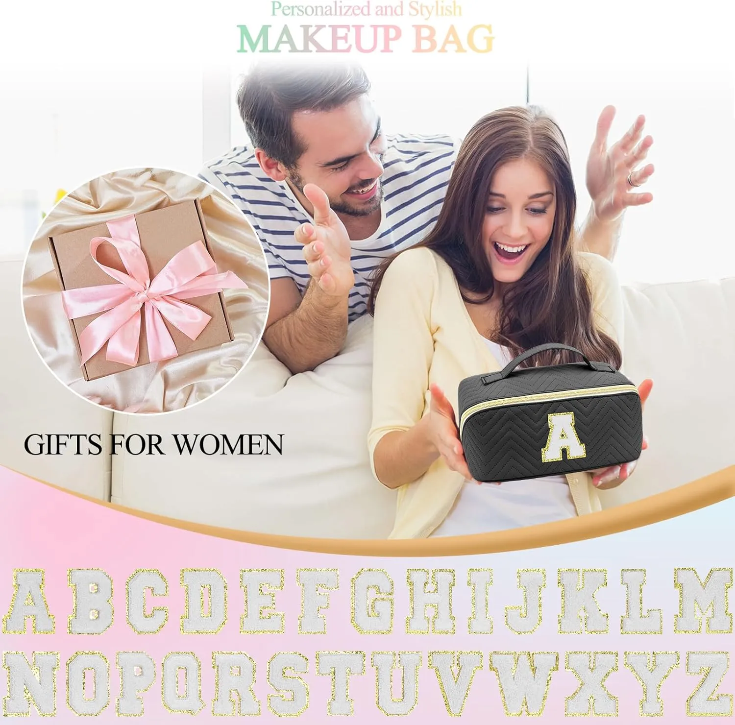 Personalized Initial Makeup Bag | Trendy Large Capacity Cosmetic Bags Travel Toiletry Bag Teen Girls Women Girlfriend Teacher Gifts, Birthday Gifts Leather Waterproof Portable Make up Bag Organizer E