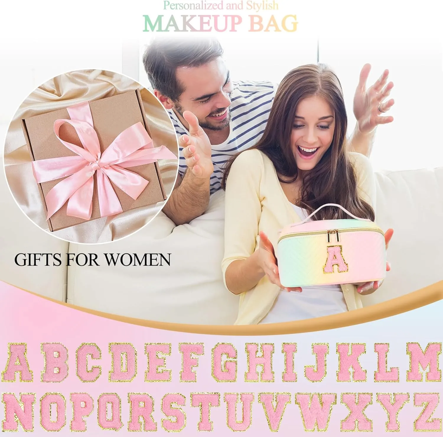 Personalized Initial Makeup Bag | Trendy Large Capacity Cosmetic Bags Travel Toiletry Bag Teen Girls Women Girlfriend Teacher Gifts, Birthday Gifts Leather Waterproof Portable Make up Bag Organizer E