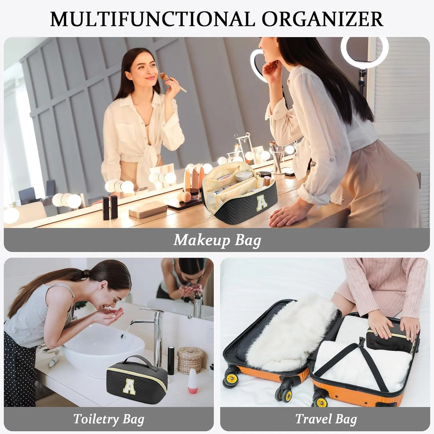Personalized Initial Makeup Bag | Trendy Large Capacity Cosmetic Bags Travel Toiletry Bag Teen Girls Women Girlfriend Teacher Gifts, Birthday Gifts Leather Waterproof Portable Make up Bag Organizer E