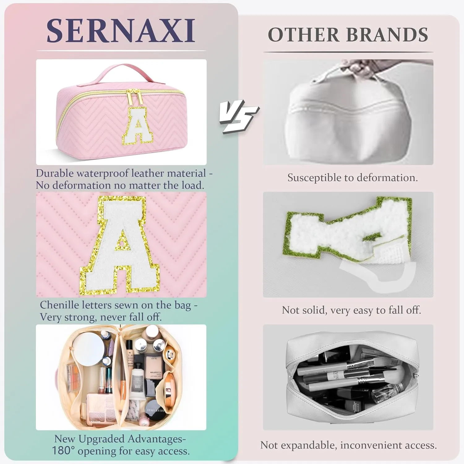 Personalized Initial Pink Makeup Bag | Trendy Cosmetic Bags Travel Toiletry Bag for Teen Girls Women, mother's day/graduation/Birthday day Gifts Portable Make up Bag Leather Waterproof Organizer E