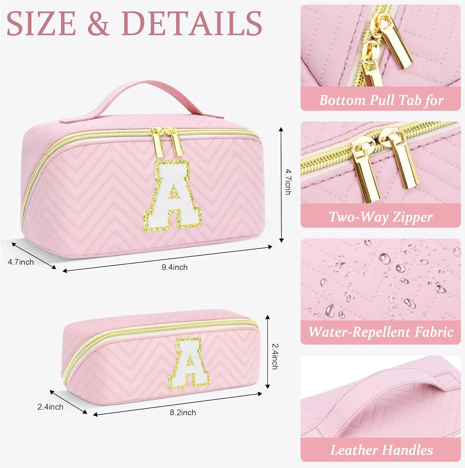 Personalized Initial Pink Makeup Bag | Trendy Cosmetic Bags Travel Toiletry Bag for Teen Girls Women, mother's day/graduation/Birthday day Gifts Portable Make up Bag Leather Waterproof Organizer E