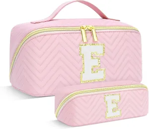 Personalized Initial Pink Makeup Bag | Trendy Cosmetic Bags Travel Toiletry Bag for Teen Girls Women, mother's day/graduation/Birthday day Gifts Portable Make up Bag Leather Waterproof Organizer E