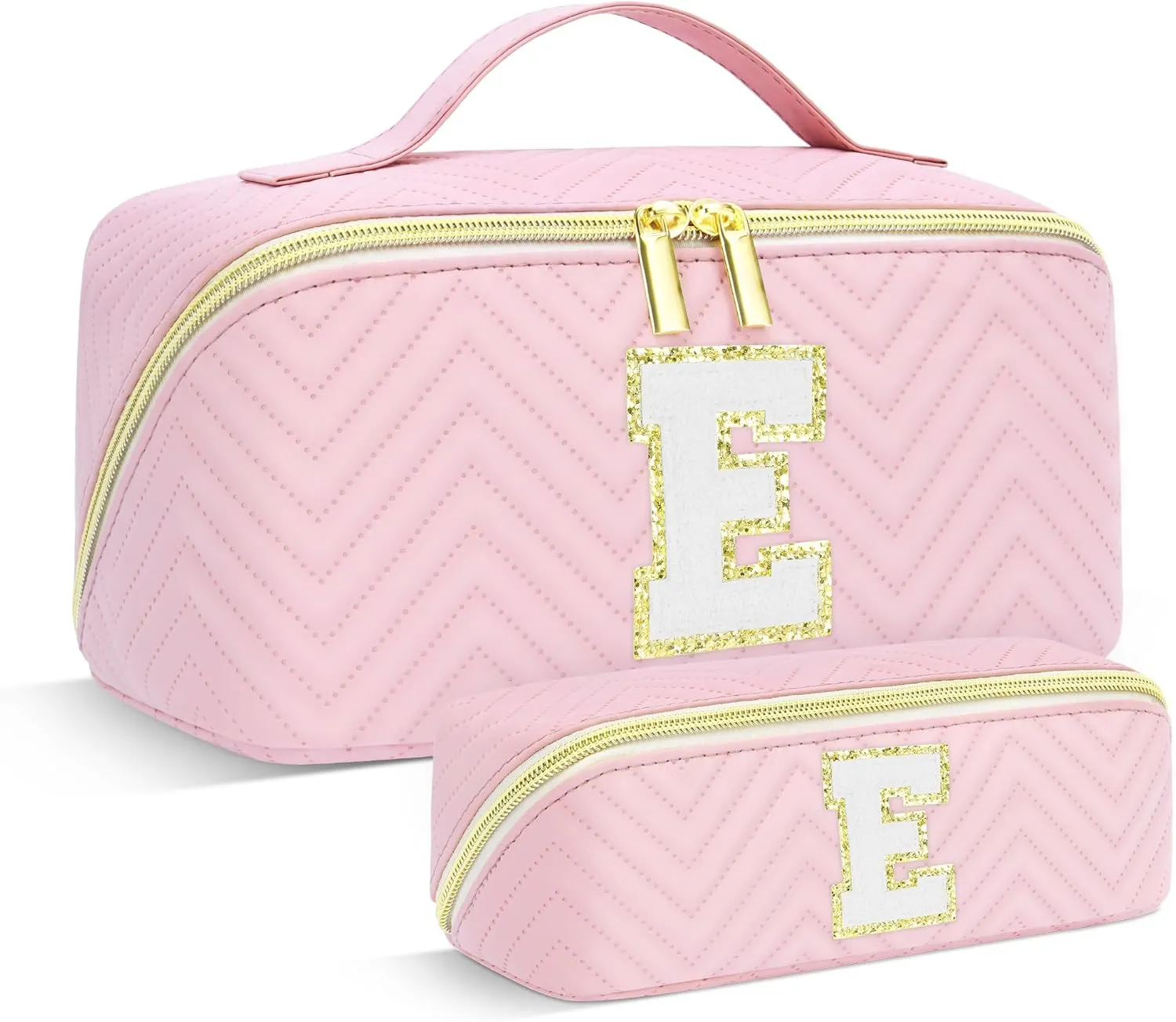 Personalized Initial Pink Makeup Bag | Trendy Cosmetic Bags Travel Toiletry Bag for Teen Girls Women, mother's day/graduation/Birthday day Gifts Portable Make up Bag Leather Waterproof Organizer E