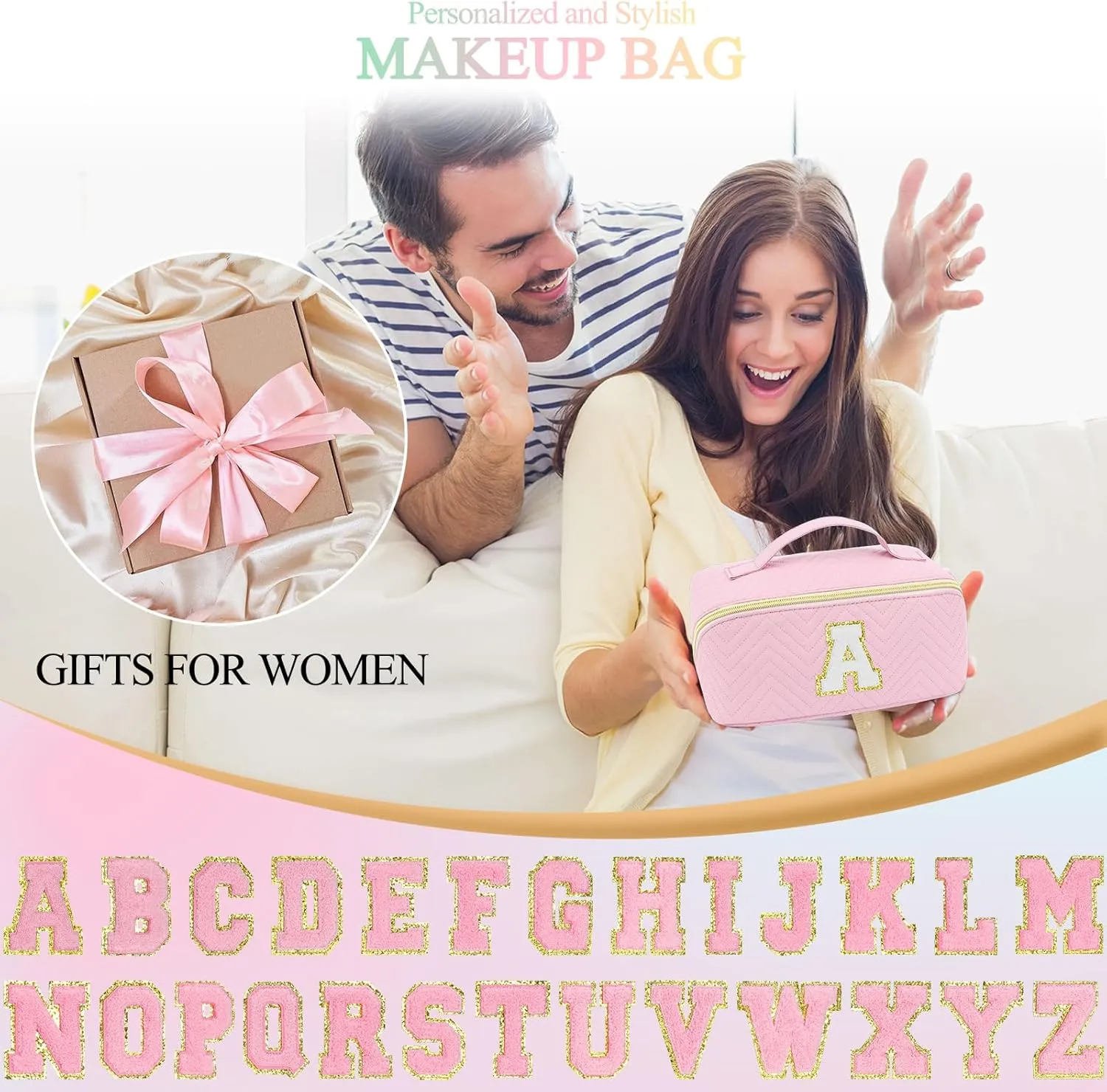 Personalized Initial Pink Makeup Bag | Trendy Cosmetic Bags Travel Toiletry Bag for Teen Girls Women, mother's day/graduation/Birthday day Gifts Portable Make up Bag Leather Waterproof Organizer E