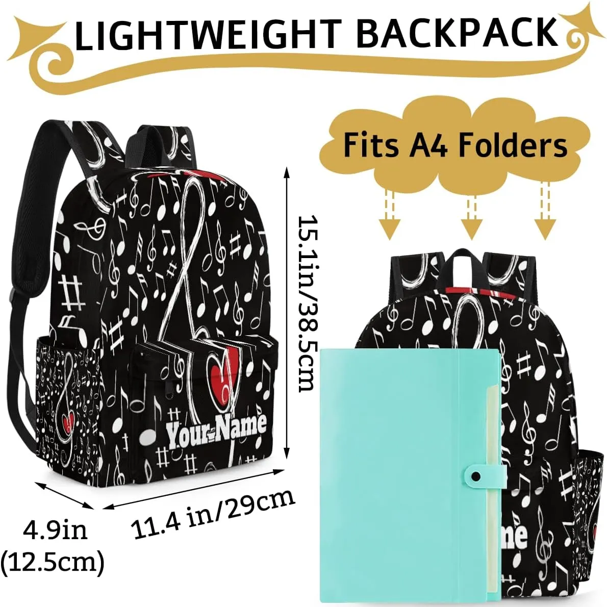 Personalized Music Note Love Preschool Toddler Backpack for Boys Girls Custom Kids Name Small Bookbags Kindergarten Elementary Backpack, Musical Theme