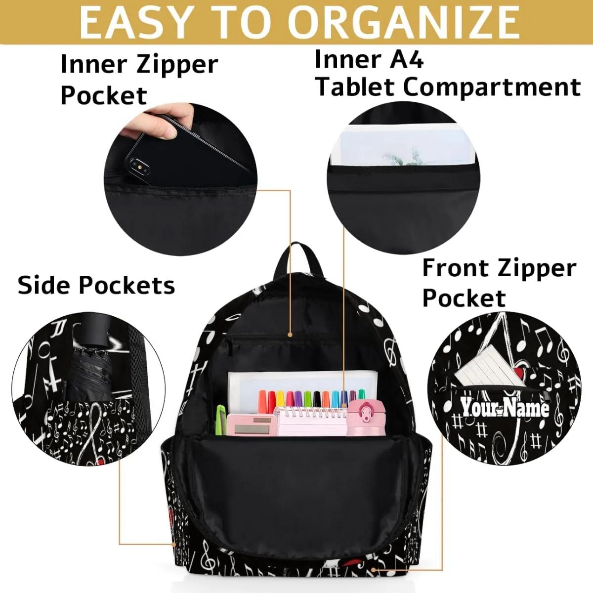 Personalized Music Note Love Preschool Toddler Backpack for Boys Girls Custom Kids Name Small Bookbags Kindergarten Elementary Backpack, Musical Theme