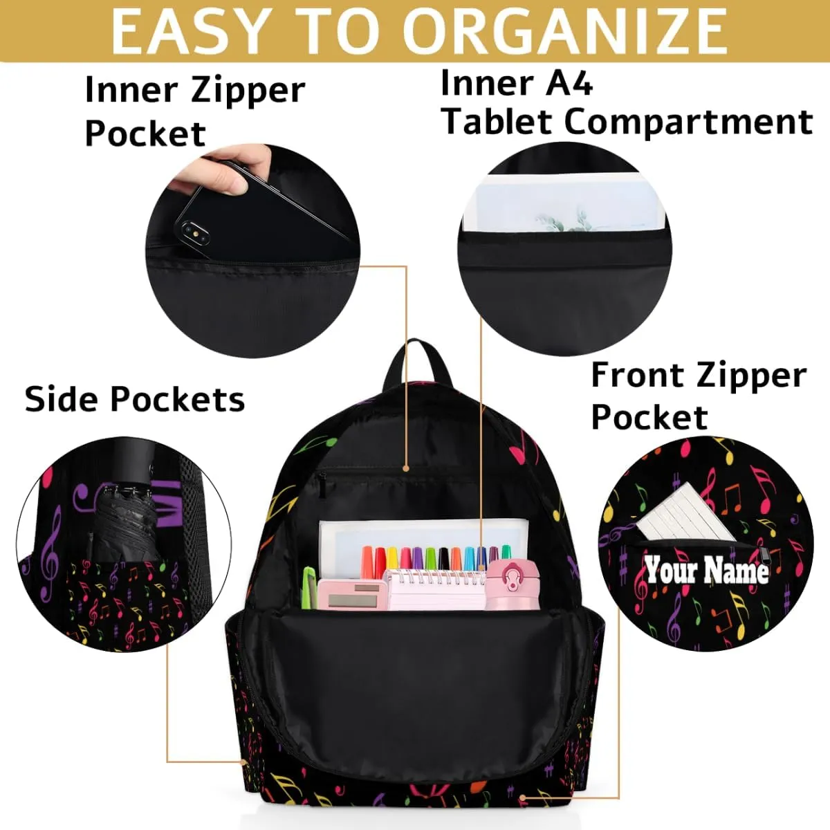 Personalized Music Note Preschool Toddler Backpack for Boys Girls Custom Kids Name Small Bookbags Kindergarten Elementary Backpack, Colorful Music