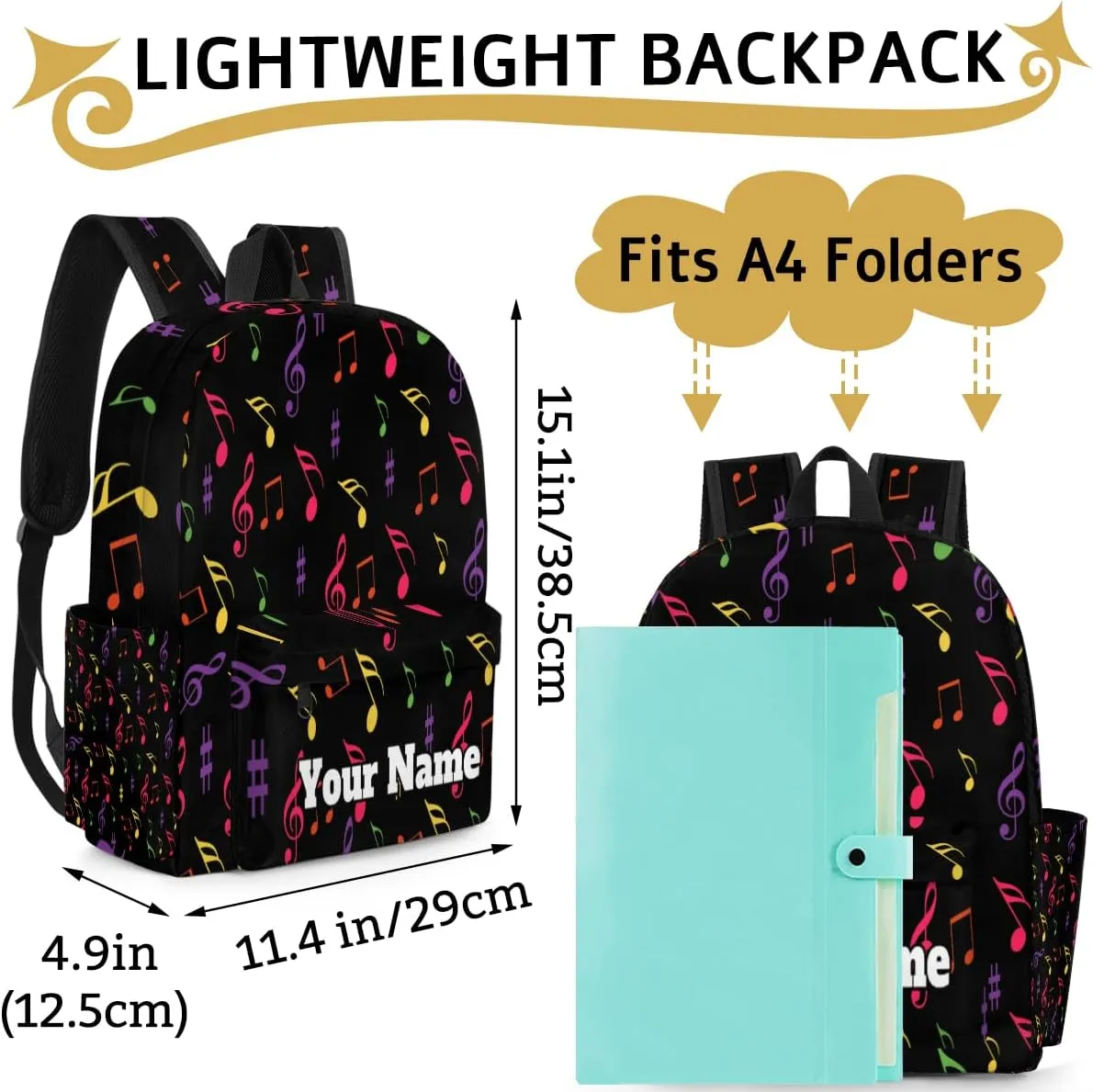 Personalized Music Note Preschool Toddler Backpack for Boys Girls Custom Kids Name Small Bookbags Kindergarten Elementary Backpack, Colorful Music