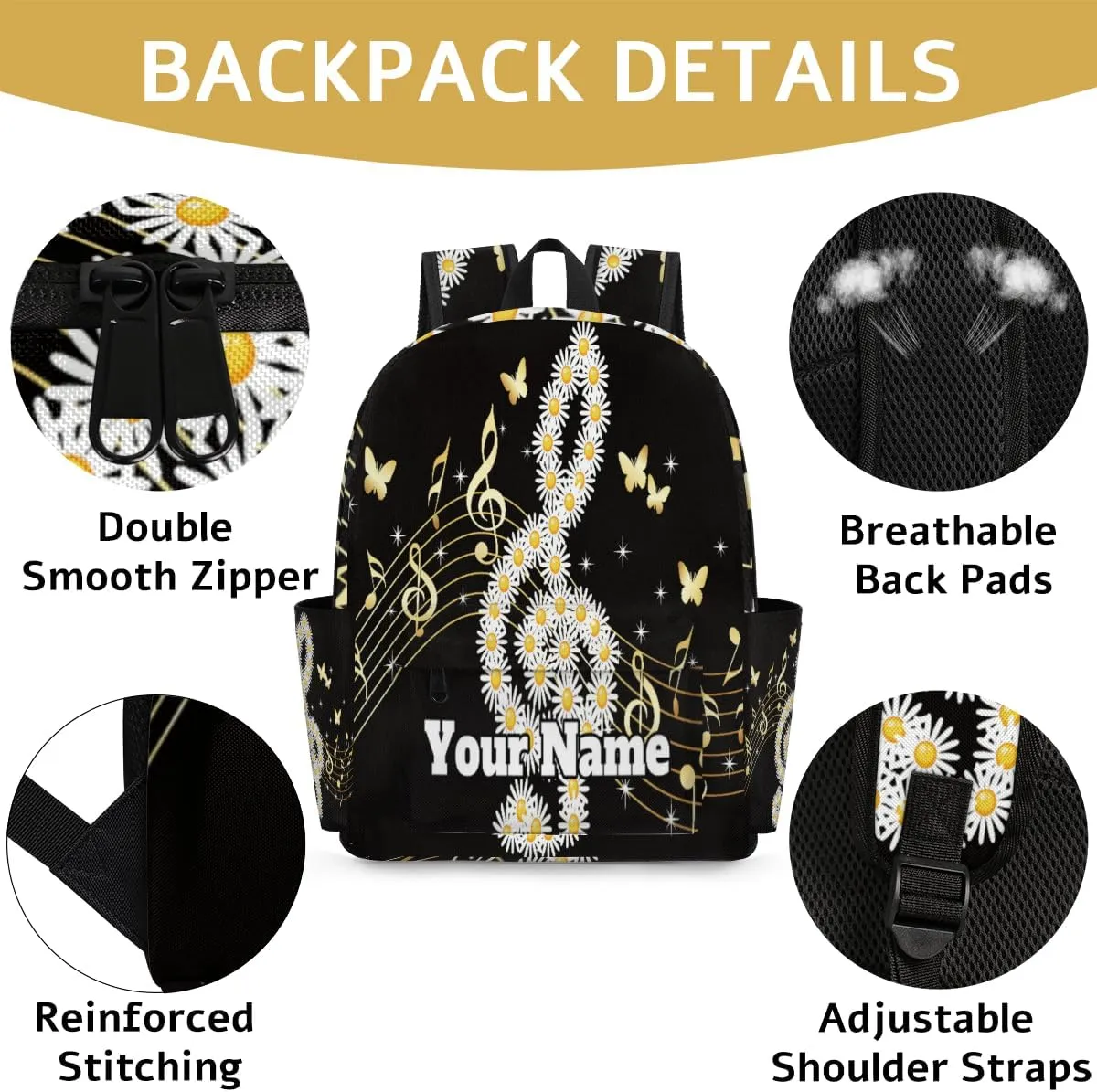 Personalized Music Note Preschool Toddler Backpack for Boys Girls Custom Kids Name Small Bookbags Kindergarten Elementary Backpack, Daisy Butterflies