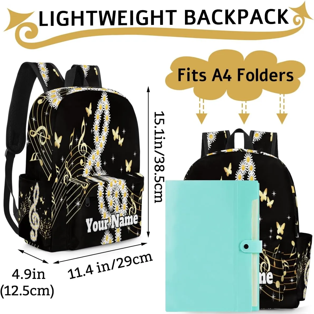 Personalized Music Note Preschool Toddler Backpack for Boys Girls Custom Kids Name Small Bookbags Kindergarten Elementary Backpack, Daisy Butterflies