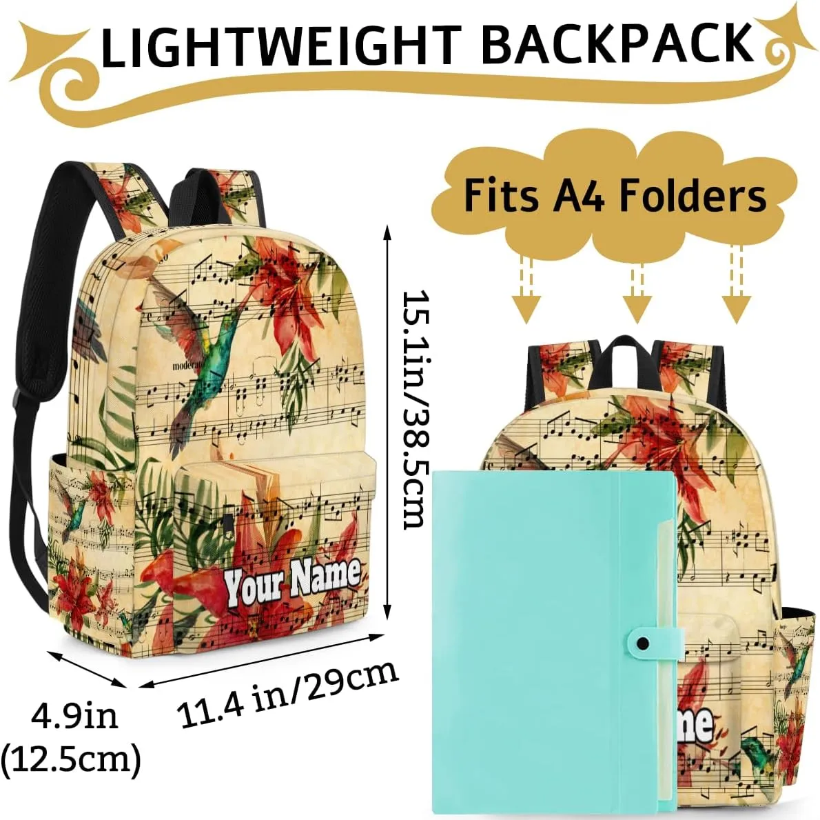 Personalized Music Note Preschool Toddler Backpack for Boys Girls Custom Kids Name Small Bookbags Kindergarten Elementary Backpack, Hummingbird