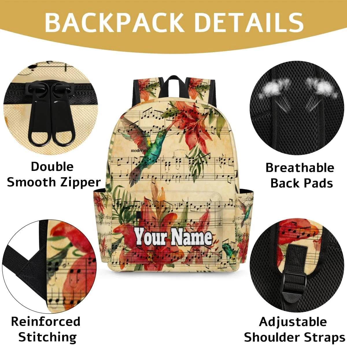 Personalized Music Note Preschool Toddler Backpack for Boys Girls Custom Kids Name Small Bookbags Kindergarten Elementary Backpack, Hummingbird