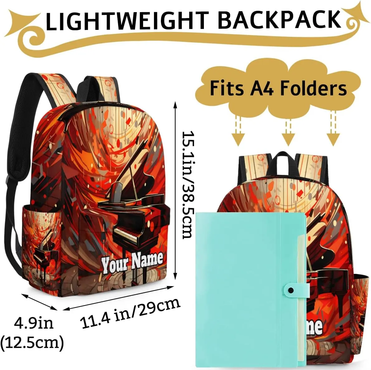 Personalized Music Preschool Toddler Backpack for Boys Girls Custom Kids Name Small Bookbags Kindergarten Elementary Backpack, Piano Art