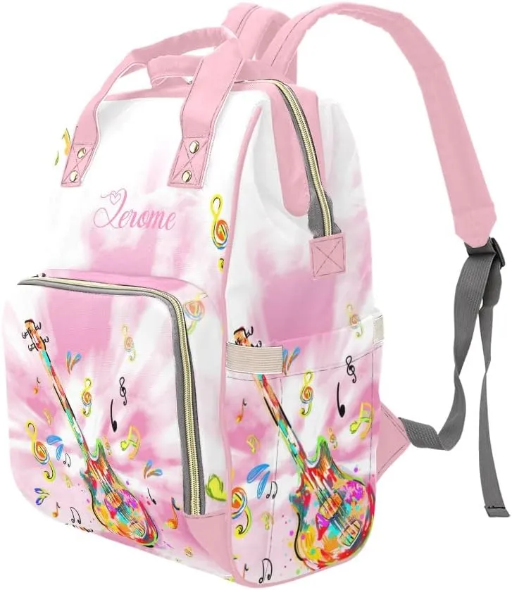 Personalized Name Diaper Bag Backpack Music Notes Guitar Multifunction Travel Backpack Nappy Bag Daypack for Mom Dad Boy Girl