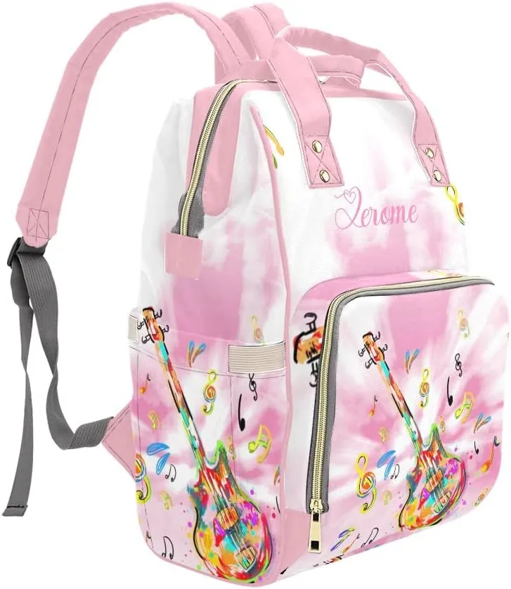 Personalized Name Diaper Bag Backpack Music Notes Guitar Multifunction Travel Backpack Nappy Bag Daypack for Mom Dad Boy Girl