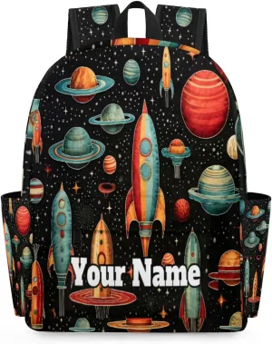 Personalized Outer Space Preschool Toddler Backpack for Boys Girls Custom Kids Name Small Bookbags Kindergarten Elementary Backpack, Universe Rockets