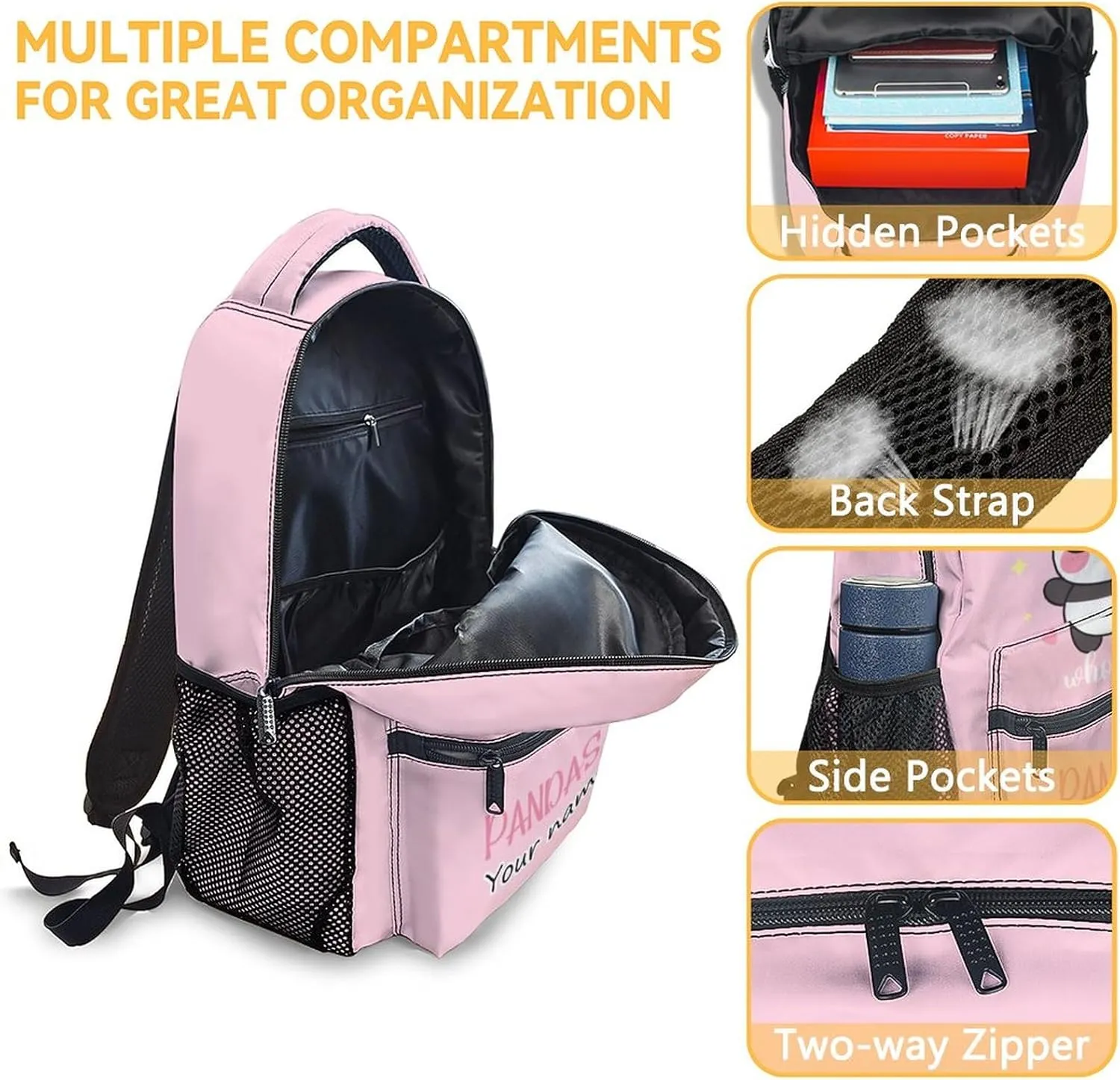 Personalized Panda Backpack for Girls - 16 Inch Pink Backpack for School - Cute, Large Capacity, Durable, Lightweight Bookbag for Travel