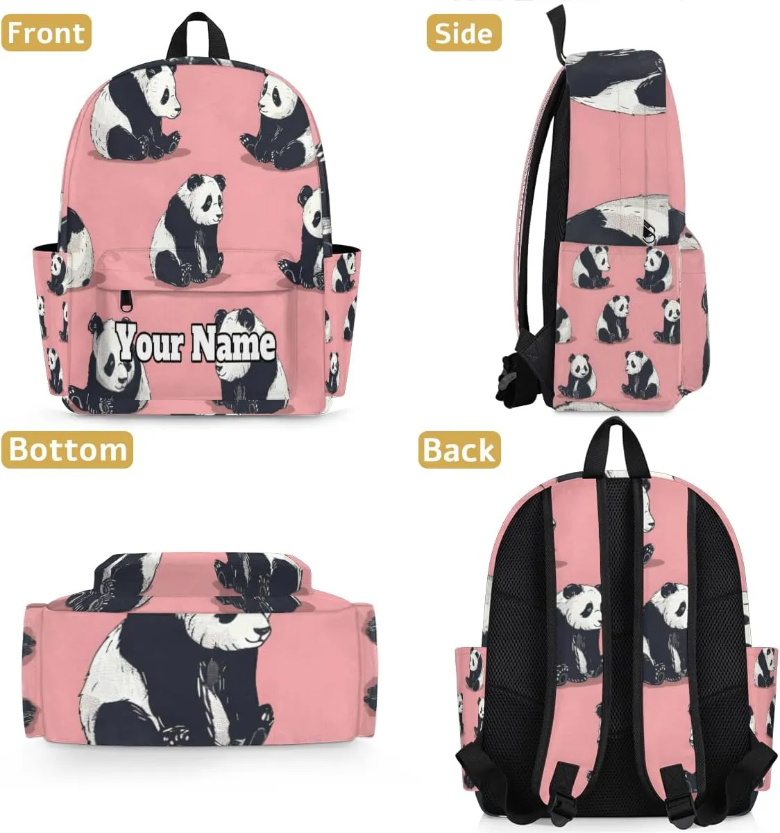 Personalized Precious Pandas Preschool Toddler Backpack for Boys Girls Custom Kids Name Small Bookbags Kindergarten Elementary Backpack, Cute Panda