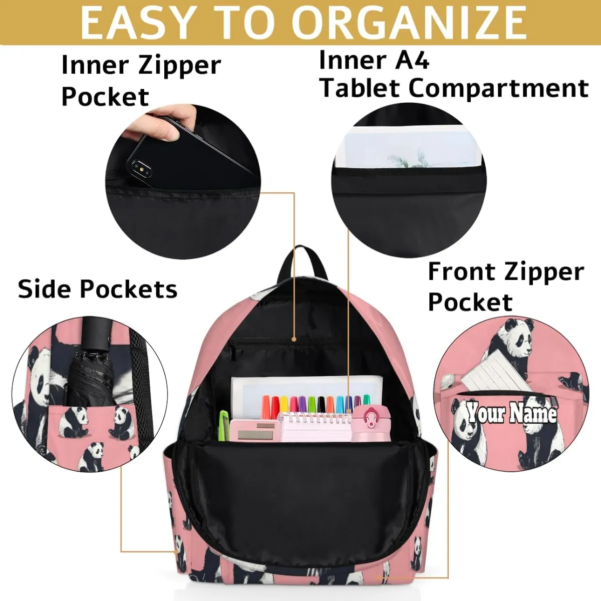 Personalized Precious Pandas Preschool Toddler Backpack for Boys Girls Custom Kids Name Small Bookbags Kindergarten Elementary Backpack, Cute Panda