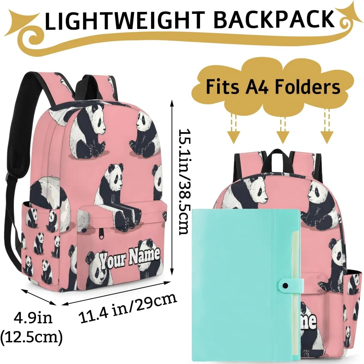 Personalized Precious Pandas Preschool Toddler Backpack for Boys Girls Custom Kids Name Small Bookbags Kindergarten Elementary Backpack, Cute Panda