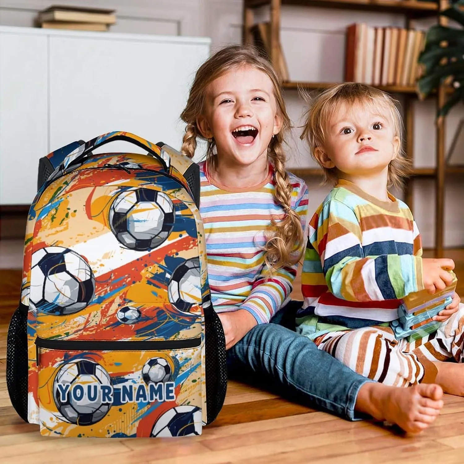 Personalized Soccer Backpack for Boys Girls, 17 Inch Colorful Backpacks for Middle School, Durable Bookbag for Kids