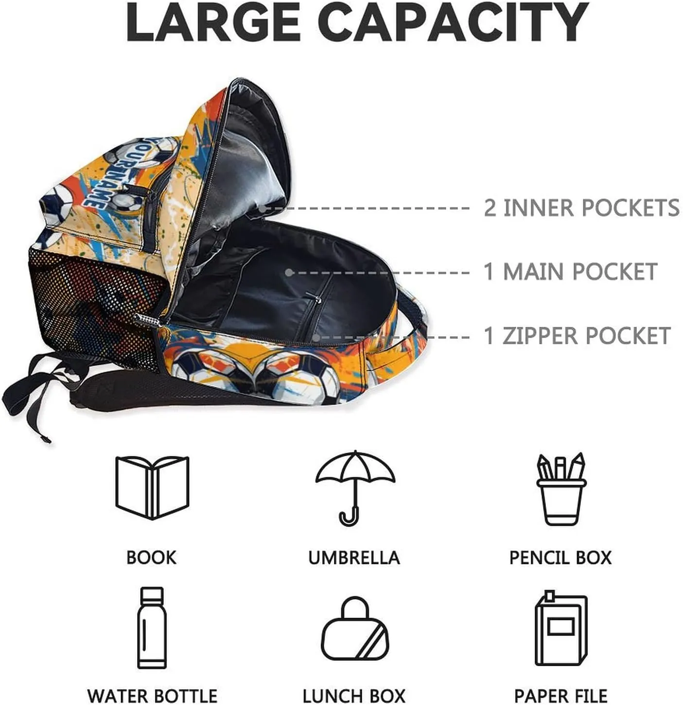 Personalized Soccer Backpack for Boys Girls, 17 Inch Colorful Backpacks for Middle School, Durable Bookbag for Kids