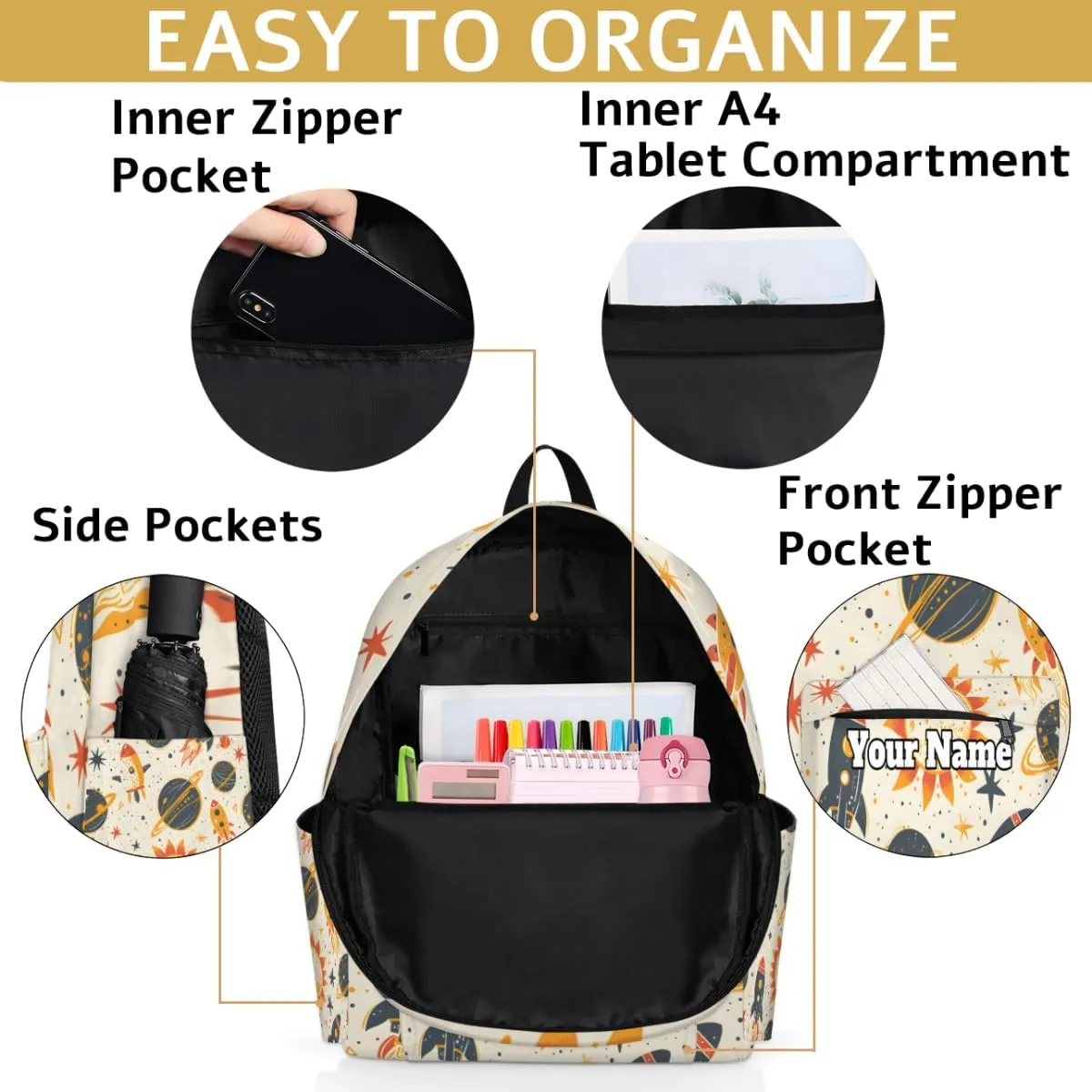 Personalized Solar System Preschool Toddler Backpack for Boys Girls Custom Kids Name Small Bookbags Kindergarten Elementary Backpack, Space Rockets Planet