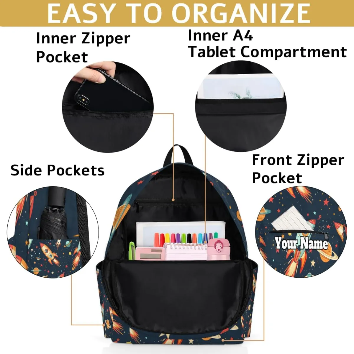 Personalized Space Preschool Toddler Backpack for Boys Girls Custom Kids Name Small Bookbags Kindergarten Elementary Backpack, Space Rockets Planet