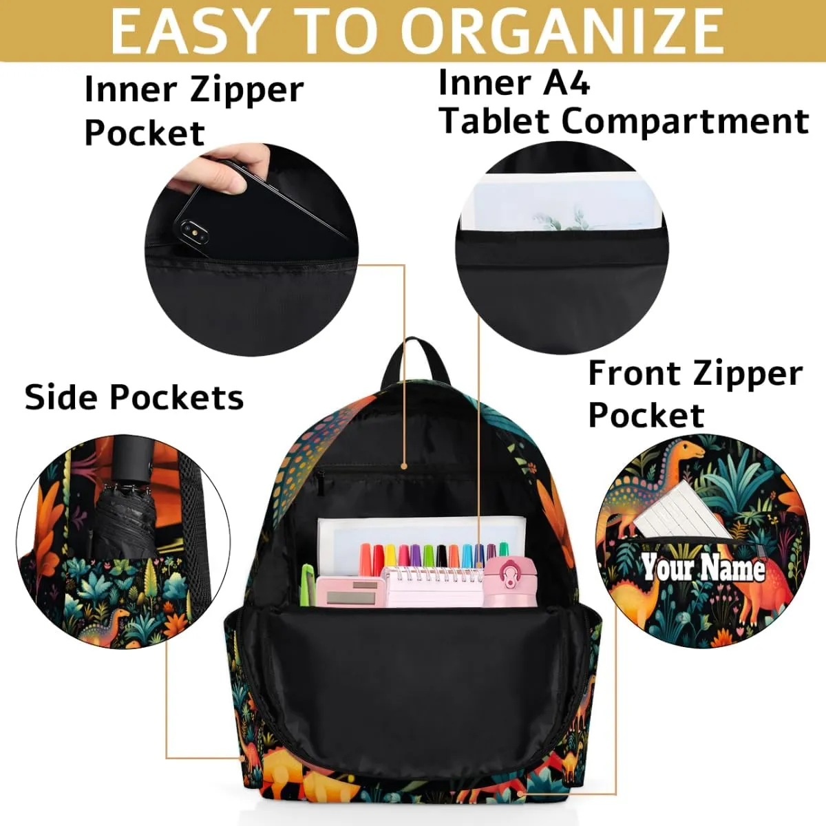 Personalized Tropical Dinosaurs Preschool Toddler Backpack for Boys Girls Custom Kids Name Small Bookbags Kindergarten Elementary Backpack, Watercolor Dinosaur