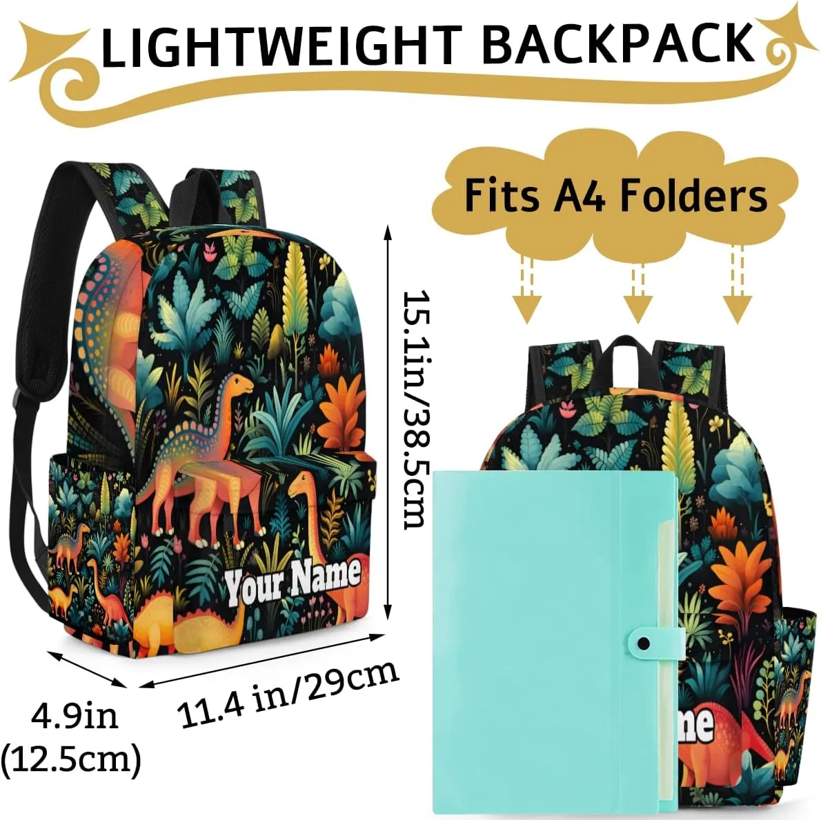 Personalized Tropical Dinosaurs Preschool Toddler Backpack for Boys Girls Custom Kids Name Small Bookbags Kindergarten Elementary Backpack, Watercolor Dinosaur